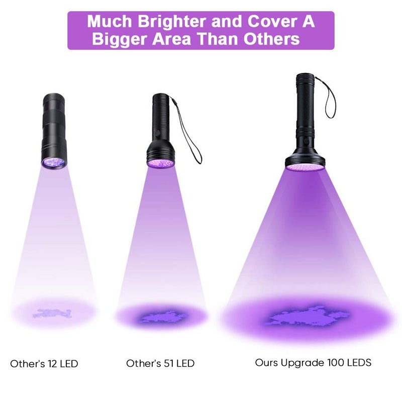EECOO Black Light Flashlight, 100 LED 395 nM Flashlights, Super Bright Ultraviolet Flashlight Professional Black Light Pet Urine Detector for Dog/Cat,Hunting Scorpions,Search for Bed - Image 2